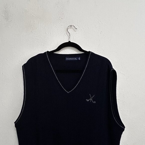 Pinnacle Golf Sweater Vest Mens Large Black Gray Golf Club Logo V Neck Pullover - Picture 2 of 10
